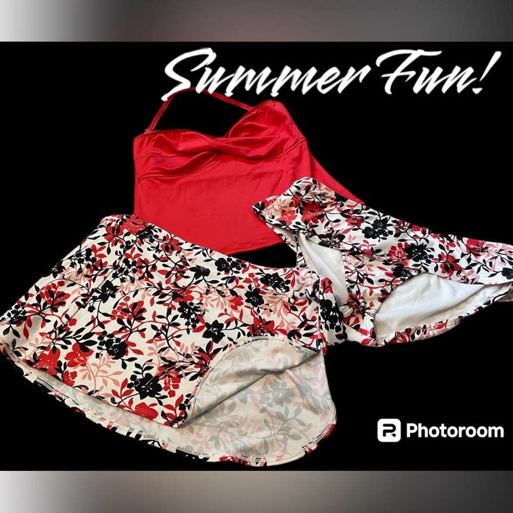EUC. Women’s 2 PC Tankini w/ Side-Tie Swim Skirt. Black &Coral Red. Sz 12/14(L)